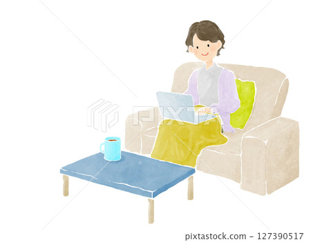一位女士在沙發上使用電腦工作的插圖 127390517