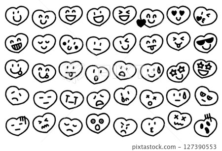 Heart-shaped hand-drawn facial expression icon set (monochrome) 127390553