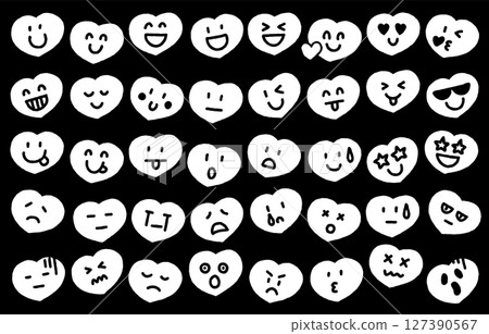 Heart-shaped hand-drawn facial expression icon set (monochrome) 127390567