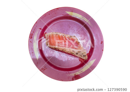 Top view of Maguro Rare Steak or Tuna Rare Steak sushi, focus selective 127390590