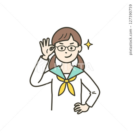 一名女學生舉起眼鏡，咧嘴一笑，表現出自信。 127390759