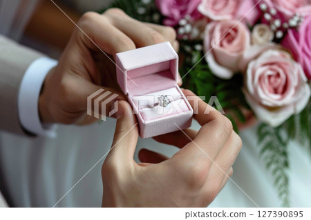 diamond ring in red box in woman hand on . ai generative 127390895