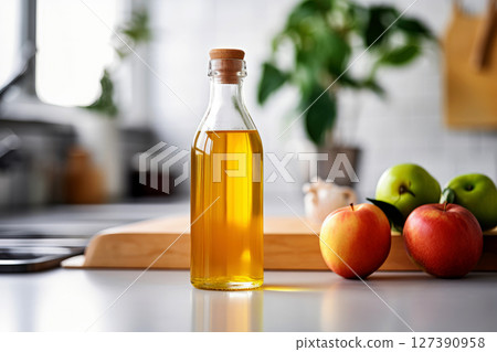 Apple cider vinegar in bottle and apples - AI Generated 127390958