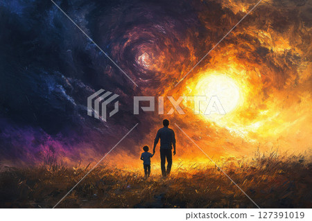 oil paint scene with heartwarming scene of man walking with his young son in golden field over a vast field towards a bright and powerful sun. 127391019