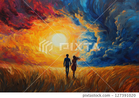 oil paint scene with heartwarming scene of love couple walking with together in golden field over a vast field towards a bright and powerful sun. 127391020