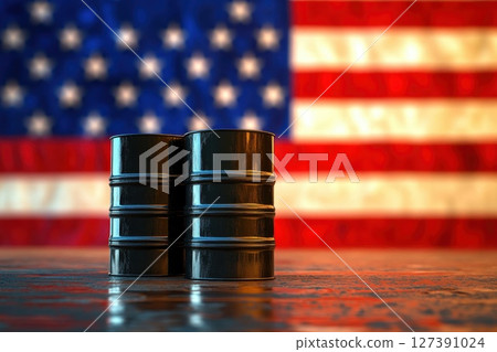 oil barrel against the USA flag with usa oil tariffs concepts. oil barrel against the USA flag with usa oil tariffs concepts. 127391024