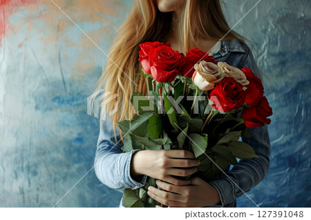 a woman holding a bouquet of roses.ai generative 127391048
