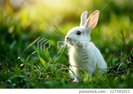 a rabbit running in a field of green grass. generative ai 127391051