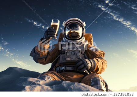 Astronaut sitting on the moon drinking beer, Generative AI 127391052