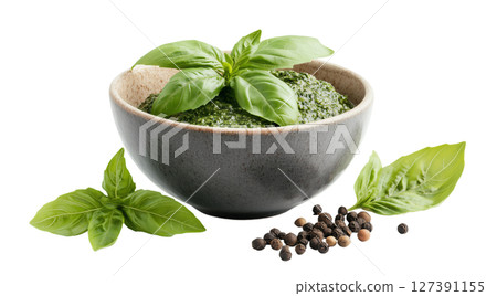 Pesto sauce garnished with fresh basil leaves on white, PNG, created with Generative AI 127391155