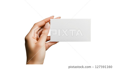 Hand holding a blank business card on clear backdrop, PNG, created with Generative AI 127391160