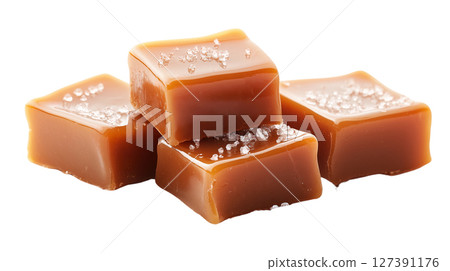 Four chewy salted caramel squares, PNG, created with Generative AI 127391176