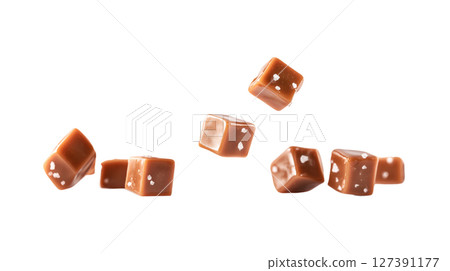 Salty caramel cubes displayed on a white backdrop, PNG, created with Generative AI Salty caramel cubes displayed on a white backdrop, PNG, created with Generative AI 127391177