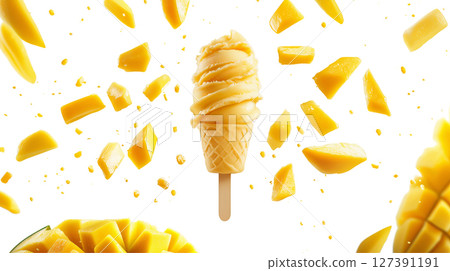 Mango chunk yellow ice cream in a cone, PNG, created with Generative AI 127391191