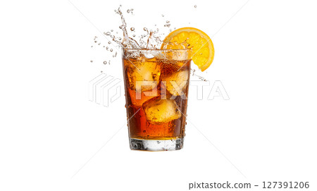 Chilled drink with ice and orange bursts with freshness, PNG, created with Generative AI 127391206