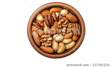 Nuts elegantly arranged in a wooden bowl, PNG, created with Generative AI 127391229