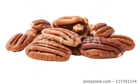 Pecans arranged together in a scattered formation, PNG, created with Generative AI 127391234