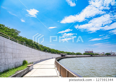 六月藍天下的奧戶中川散步道風景 127391344