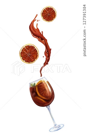 Vertical composition with a glass, a splash of drink and levitating oranges. Watercolor illustration for packaging, menu design. Isolated on white. 127391384
