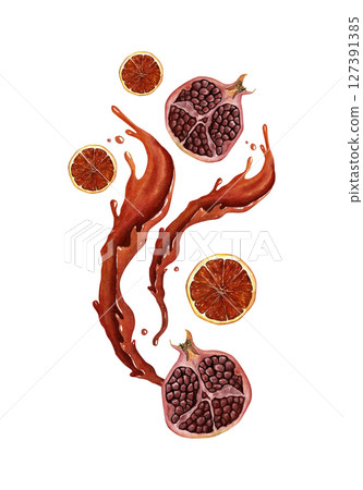 Vertical composition with a splash of drink and flying oranges and pomegranate. Watercolor illustration for packaging, menu design. Isolated on white. Vertical composition with a splash of drink and flying oranges and pomegranate. Watercolor illustration for packaging, menu design. Isolated on white. 127391385