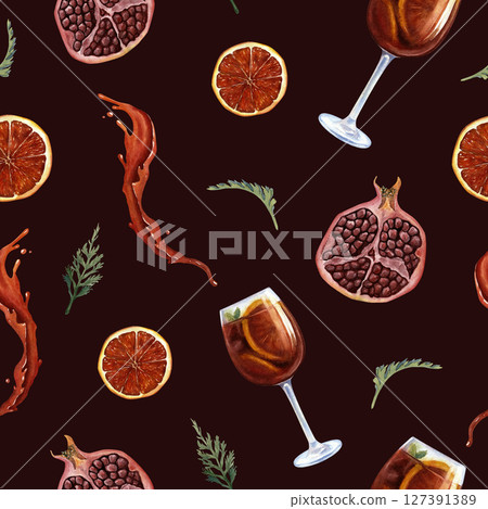 Seamless watercolor pattern with pomegranate, blood orange, drink in a glass and red splash. On a dark red background. Used for fabric, packaging, textile design. 127391389