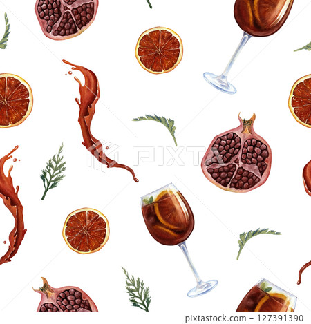 Seamless watercolor pattern with pomegranate, blood orange, drink in a glass and red splash. On a white background. Used for fabric, packaging, textile design. 127391390