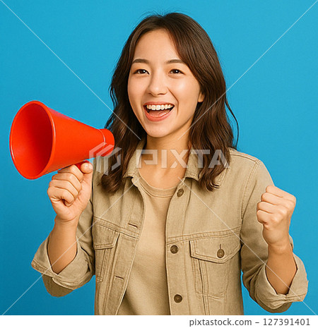 Smiling Japanese women cheering with megaphones! Teens, 20s, 30s, 40s! AI images of young people from students to office ladies 127391401