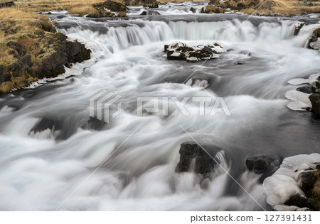 Panoramic view of the cliff and flowing rushing water on the river in Kirkjubaejarklaustur, Iceland. Nature, travel, winter background, or wallpaper 127391431
