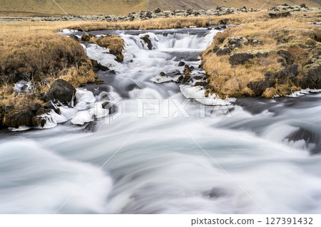 Panoramic view of the cliff and flowing rushing water on the river in Kirkjubaejarklaustur, Iceland. Nature, travel, winter background, or wallpaper 127391432