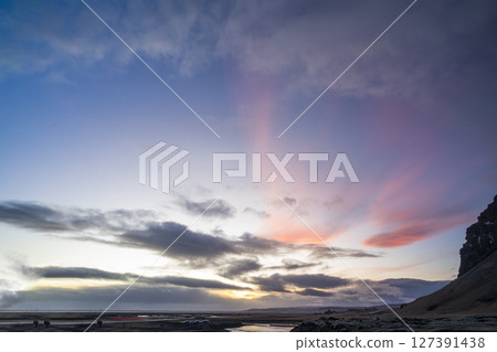 Panoramic view of the cliff and flowing rushing water on the river in Kirkjubaejarklaustur, Iceland. Nature, travel, winter background, or wallpaper Panoramic view of the cliff and flowing rushing water on the river in Kirkjubaejarklaustur, Iceland. Nature, travel, winter background, or wallpaper 127391438