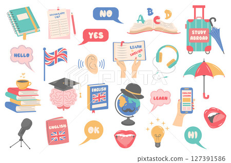 Learn English vector set. Studying foreign languages concept 127391586