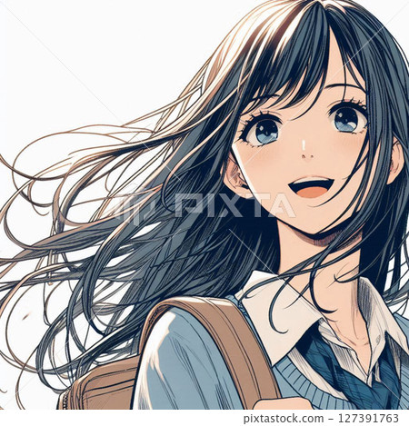 日本女學生的笑容可愛又美麗！充滿感情的高中生或國中生校服笑容青春AI插畫 127391763