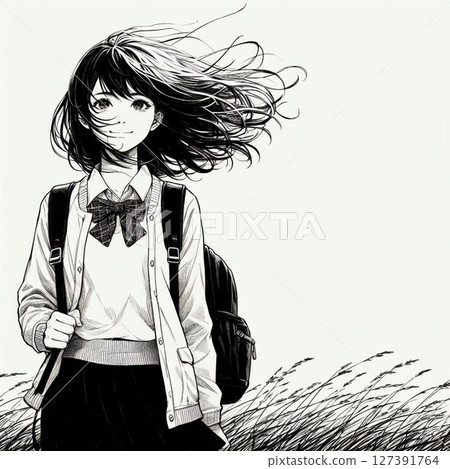 日本女學生的笑容可愛又美麗！充滿感情的高中生或國中生校服笑容青春AI插畫 127391764