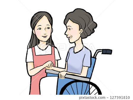 Original nursing illustration: Caregiver and smiling elderly person 127391810
