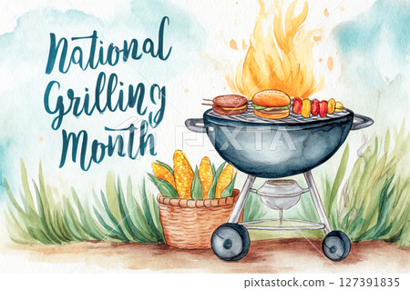 National Grilling Month. Grilling scene with barbecue, burgers, skewers, and corn in a basket, celebrating National Grilling Month with vibrant colors and lively atmosphere 127391835