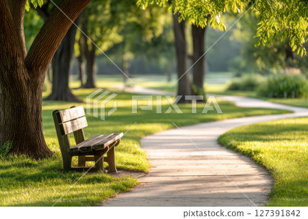 Hop A Park Day. Serene park scene featuring a wooden bench beside a winding pathway, surrounded by lush greenery and tall trees, inviting relaxation and tranquility 127391842