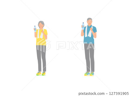 Sports image: Smiling senior men and women hydrating set 01 Sports image: Smiling senior men and women hydrating set 01 127391905