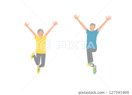 Sports image: Smiling senior men and women jumping with arms raised 01 127391909