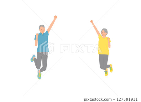 Sports image: Smiling senior men and women jumping in a fist pump set 03 Sports image: Smiling senior men and women jumping in a fist pump set 03 127391911