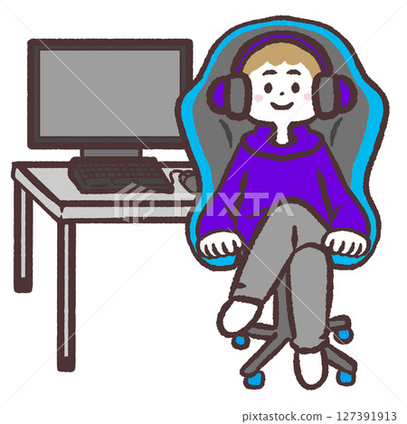 一個人坐在電腦前的遊戲椅上的插圖 127391913