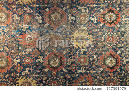 Antique handmade wool carpet made in Azerbaijani, close-up 127391979