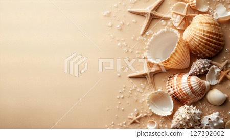 Beautiful collection of seashells and starfish on warm sand, created with Generative AI 127392002