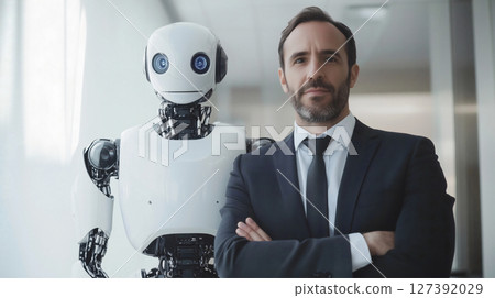 A robot and a man in suits stand confidently, created with Generative AI 127392029