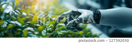 Robot hand interacts with plants in a botanical setting, created with Generative AI 127392030