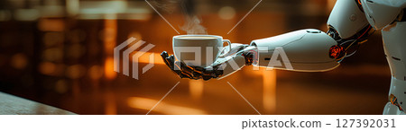 Robot hand holds a steaming cup in a warm atmosphere, created with Generative AI 127392031