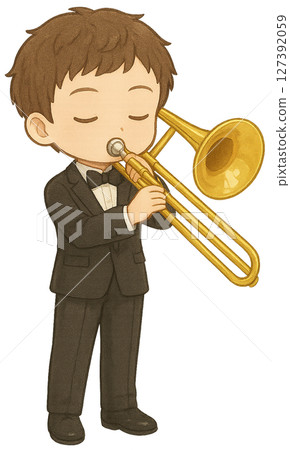 Tuxedoed boy playing the trombone Tuxedoed boy playing the trombone 127392059