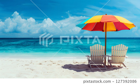 two wooden lounge chairs under a colorful beach umbrella on a sunny shore 127392086