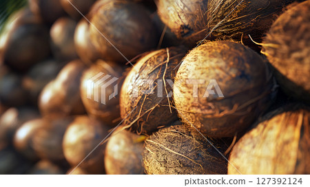 group of whole coconuts with rough husks in a natural setting group of whole coconuts with rough husks in a natural setting 127392124