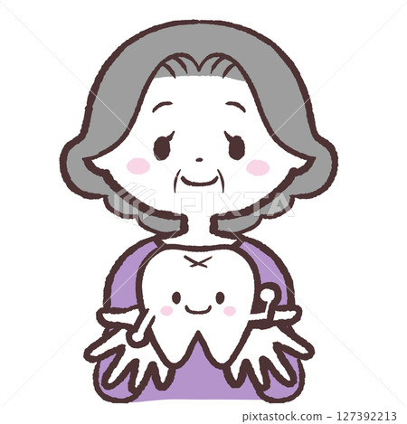 一位老年婦女露出牙齒的插圖 127392213