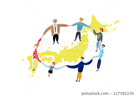 手繪插圖：黃色日本地圖上人們手牽手圍成一圈 127392226
